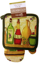 2 pc KITCHEN SET incl 1 OVEN MITT POT HOLDER, BOTTLES OIL, w/ green back, CV