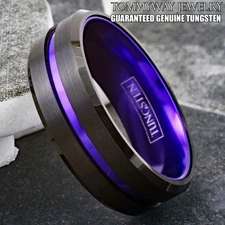 6/8mm Black Tungsten Carbide Ring Purple Stripe Wedding Band -Engraving Avail.