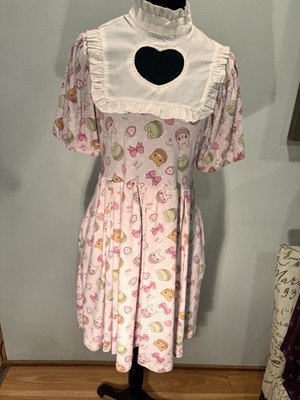 Hot Topic Pink White Cartoon Print Pleat Dress Fit & Flare Puff Sleeve Small