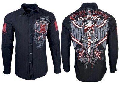 Xtreme Couture - Men's X-Large Black Skull Cross Wings Graphic Button Up Shirt