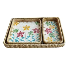 Set of 3 Rectangle Mother of Pearl Tray,Handmade from Rattan Serving Tray,Wic...