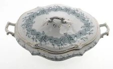 Antique W.H. Grindley Eileen Covered Vegetable Tureen Blue/Green 12in Rare 1890s