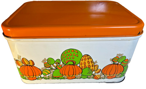 Vintage 70s Mushroom Tin Bread Box Bin Burnt Orange Green Retro Kitchen Storage