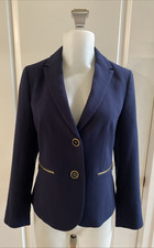 Talbots Navy Blue Blazer Lined Size 2P Gold Zip Pocket Preppy Classic Nautical