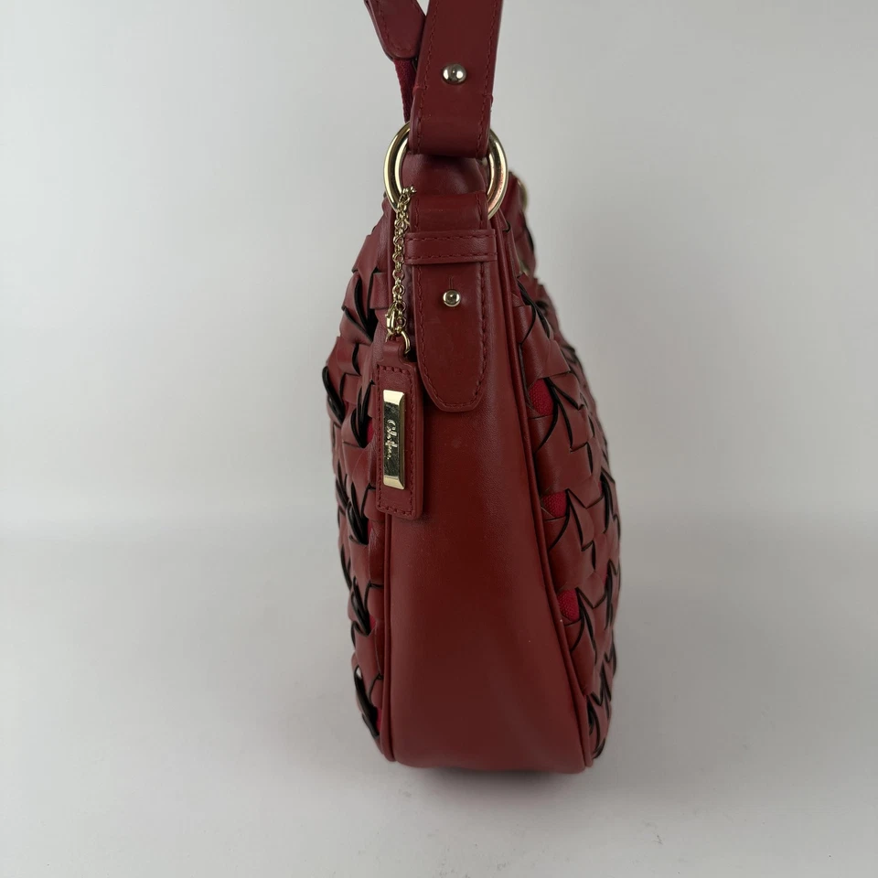 Cole Haan Leather Shoulder Bag Womens Red Basketweave Hobo Purse Gold Zip Top - Image 3 of 4