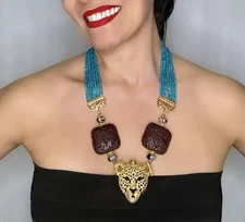 Gold Leopard Pendant Necklace with Amazonite Beads and Volcanic Lava Accents