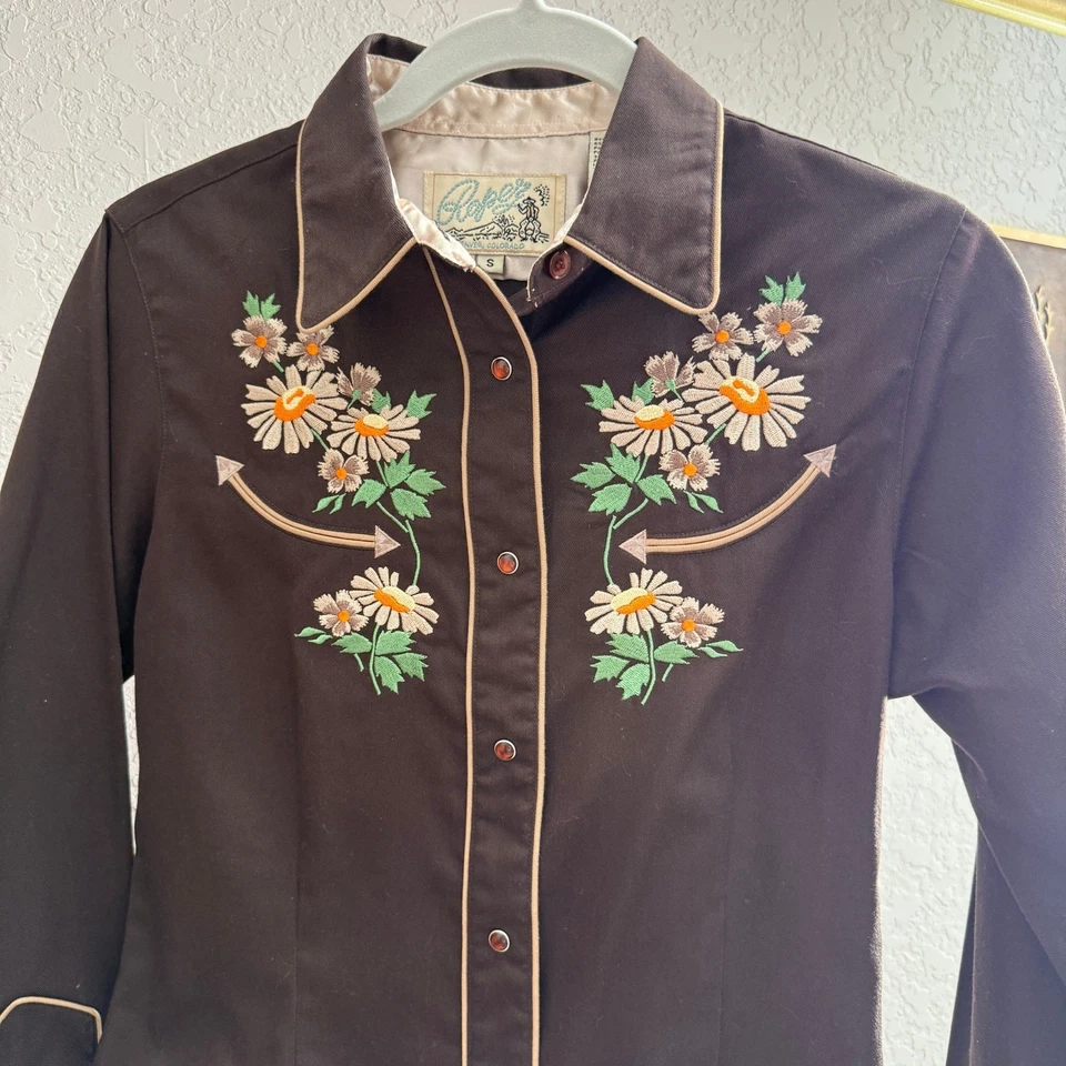 Camisa Western Vintage Cuerda Mujer Marrón Floral Bordada Perla A Presión Talla S Foto 2 de 4