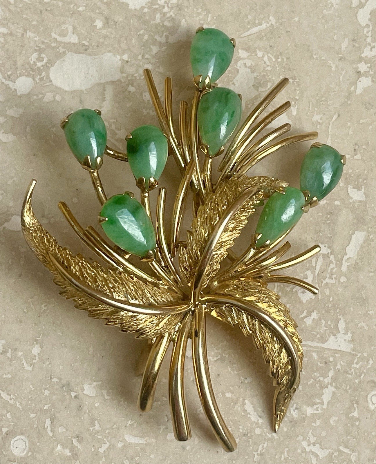 Lovely Vintage 14k Gold Asian Jadeite Jade Flower Spray Brooch/Pendant 8.5 grams