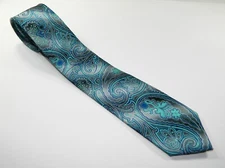 Men's BERGAMO NEW YORK Tie Necktie SKINNY METALLIC BLUE WHITE NARROW PAISLEY