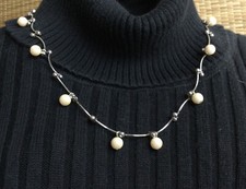 CAROLEE Wave Bar Chain Silvertone White Pearl Beads 16" Necklace Vintage