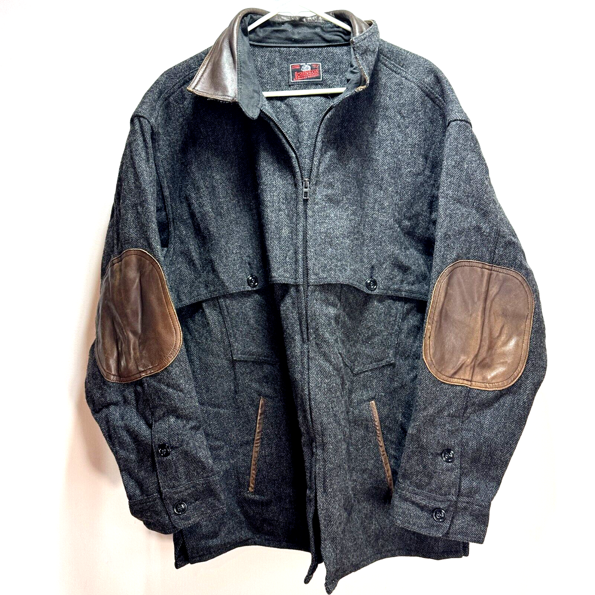 Johnson Woolen Mills Jac Shirt Wool Leather Trim Dark Gray 52R 4X Jacket  Shacket