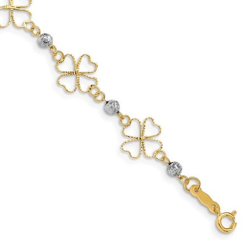 14K Solid Two Tone Gold Clover Shamrock Beads Chain Bracelet - Picture 2 of 12