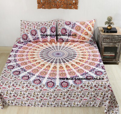 Peacock Mandala 144 TC 100%Cotton Queen Size Bedsheet with Pillow Covers White
