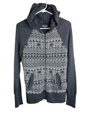 1768. Eddie Bauer Gray Sweater White Design Full Zip Hooded Sz L