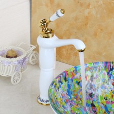 Deck Mount Ceramic White Bathroom Basin Bowl Mixer Tap Single Handle Hole Faucet