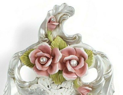 Wall white Clock Porcelain Capodimonte with Flowers Handmade in
