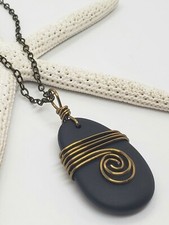 Sea Glass Necklace w Opaque Black Pendant Bronze Wire Wrapped, Handcrafted