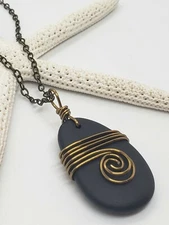 Sea Glass Necklace w Opaque Black Pendant Bronze Wire Wrapped, Handcrafted