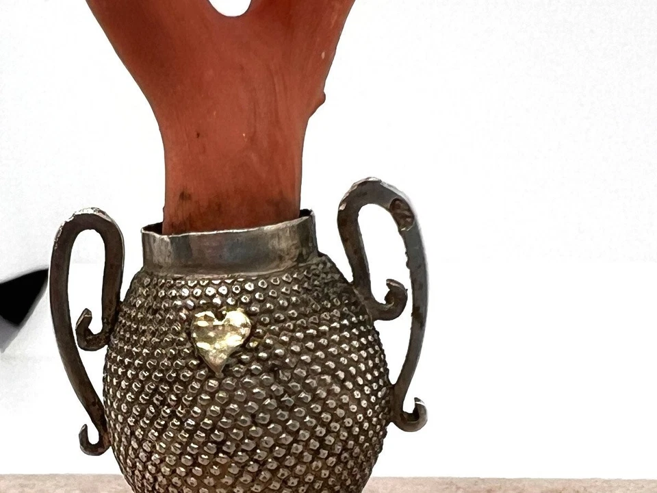 Jarrón antiguo en miniatura de plata de ley y oro con rama de coral Italia siglo XIX Foto 4 de 4