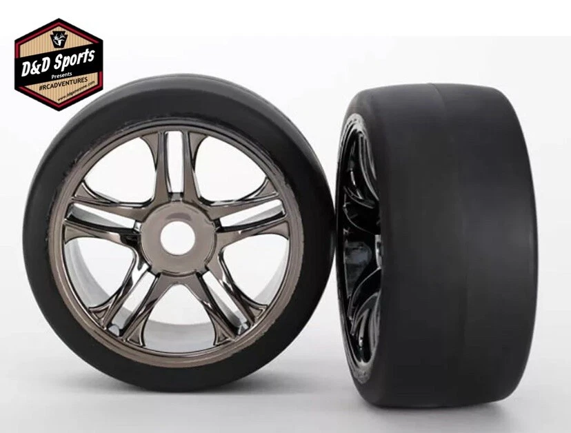 Traxxas 6477 - Slick S1 Tires, Split-Spoke Wheels, Black Chrome, Rear, XO-1 (2) - Image 1 of 1