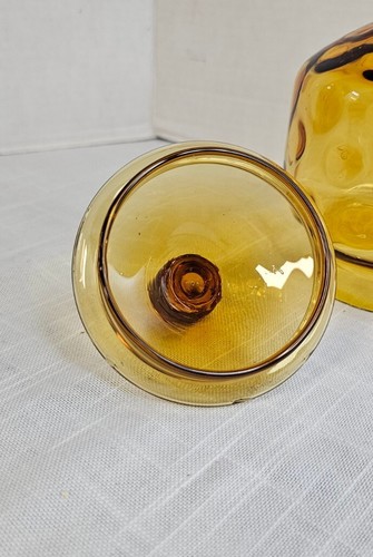 Plato de tarro de caramelo pedestal boticario cubierto de vidrio soplado ámbar óptico de colección con tapa - Imagen 6 de 9