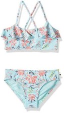 New 97 Lucky Brand Girl's Blue Floral Ruffled Two-Piece Swimsuit Size XL/16
