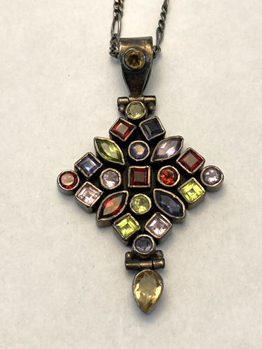 Vintage marked made Italy 925 silver and multi gemstone necklace 20"