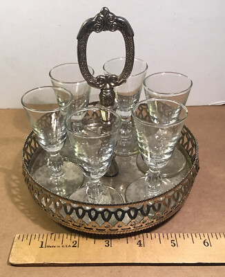 Vintage Shot Glasses set of 6 With Metal Tray Carrier & Handle
