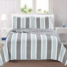 King 3 Piece Coastal Starfish Sand Dollar Grey Blue White Nautical Quilt Set