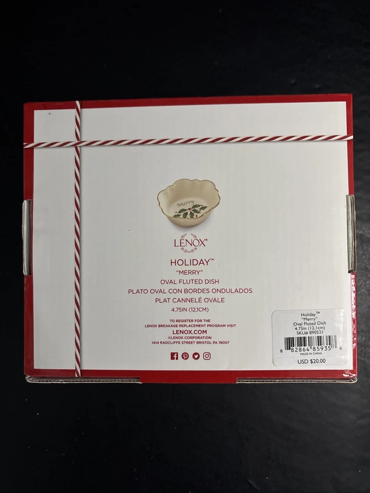 LENOX HOLIDAY PLATO ESTRIADO OVALADO "FELIZ" BAYAS DE ACEBO NAVIDAD BORDE DORADO 4,75” Foto 3 de 4