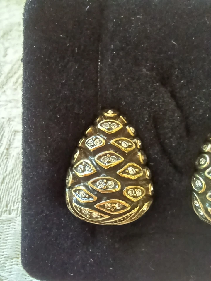 Vintage Heidi Daus Enamel & Crystal Pine Cone Clip-On Earrings New in Box Elegan - Image 3 of 4