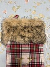 Monogram Initial Letter C Red Plaid  Faux Fur Christmas Stocking 19" Bon Ton