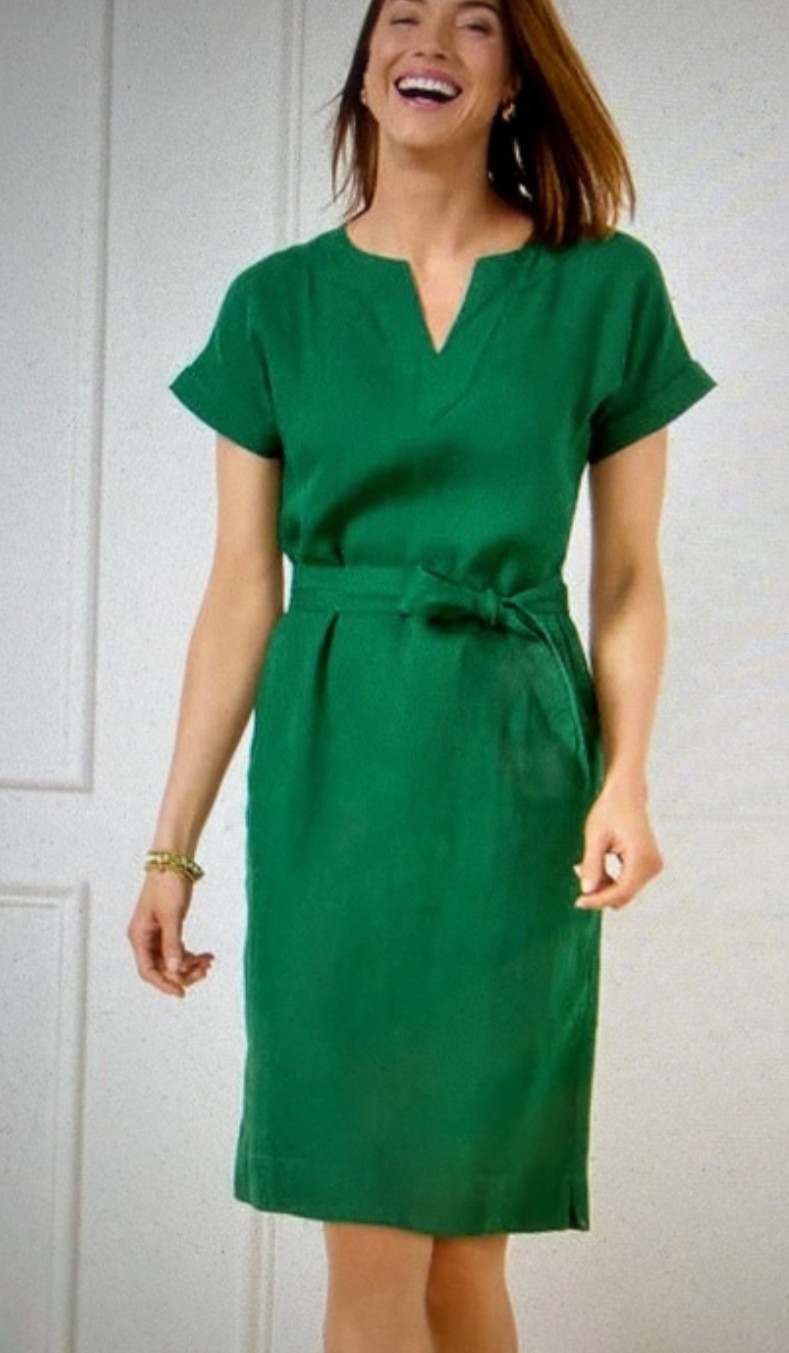 Talbots 100% Linen Short Sleeve Shift Dress V Neck Green Tie Waist Pockets Sz L