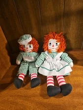 Handmade Raggedy Ann And Andy Dolls 11" Yarn Hair Green White Gingam Outfits
