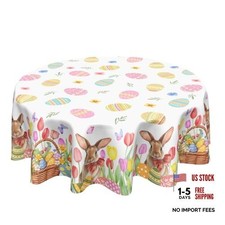 60" Round Tablecloth for Easter Eggs, Bunny Tulip Floral Table