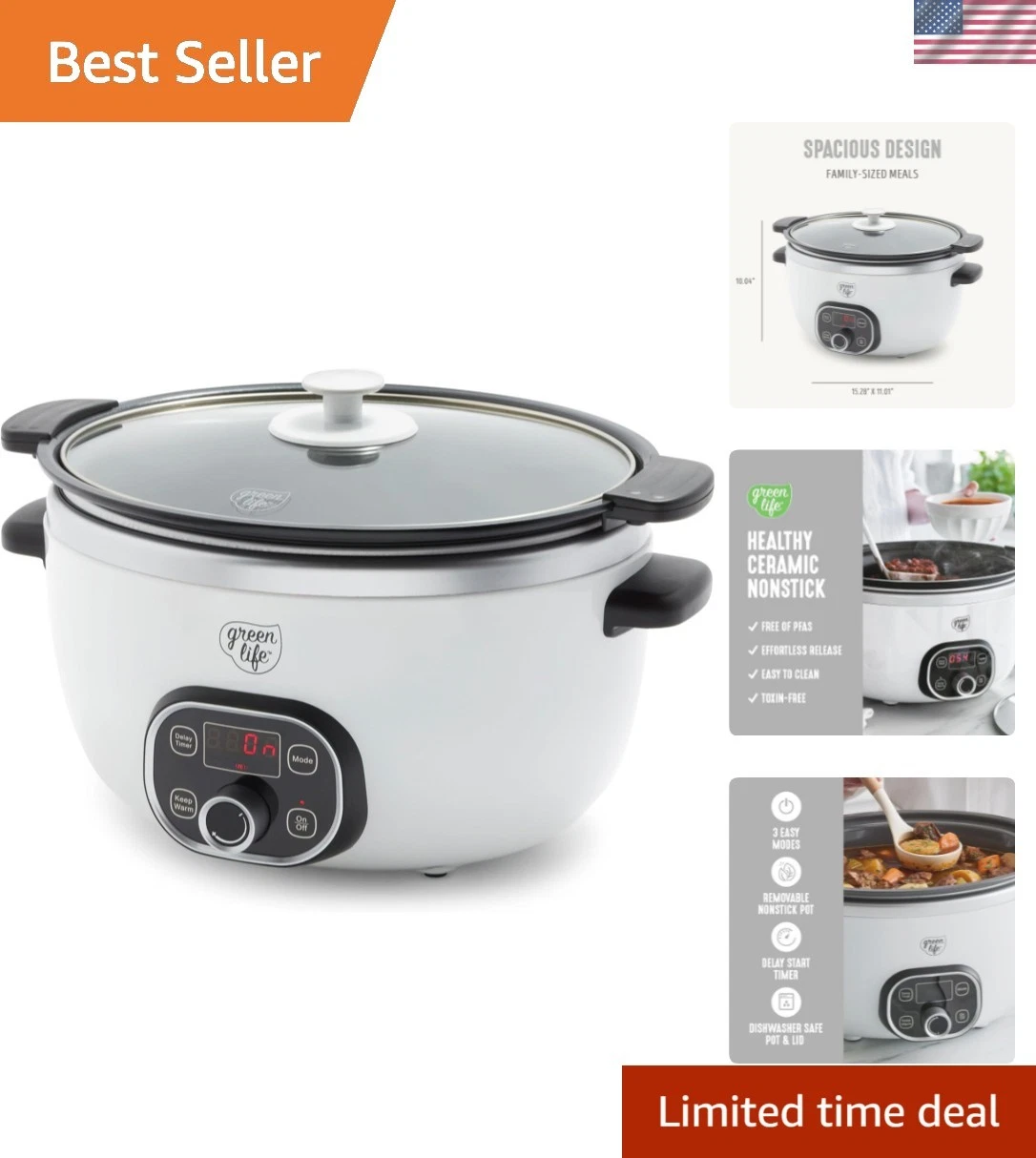 Healthy 6QT Programmable Slow Cooker: Ceramic Nonstick, Dishwasher Safe Design