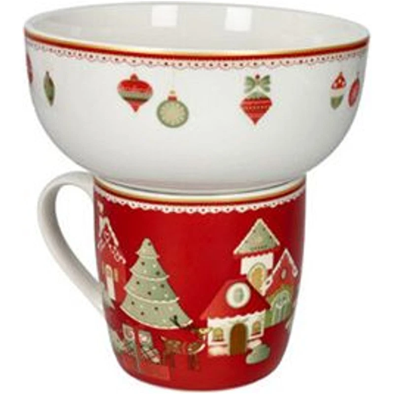 Mug con Ciotola Natale BRANDANI Villaggio in Festa Rosso Porcellana Colazione