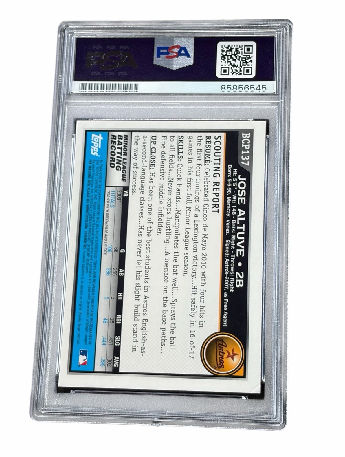 Jose Altuve Signed Card 1st Bowman Chrome Houston Astros Autographed Auto PSA view 2