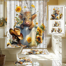 4PCS Highland Cow Shower Curtain Set with Rugs, Bath Mat, Toilet Lid Cover and C