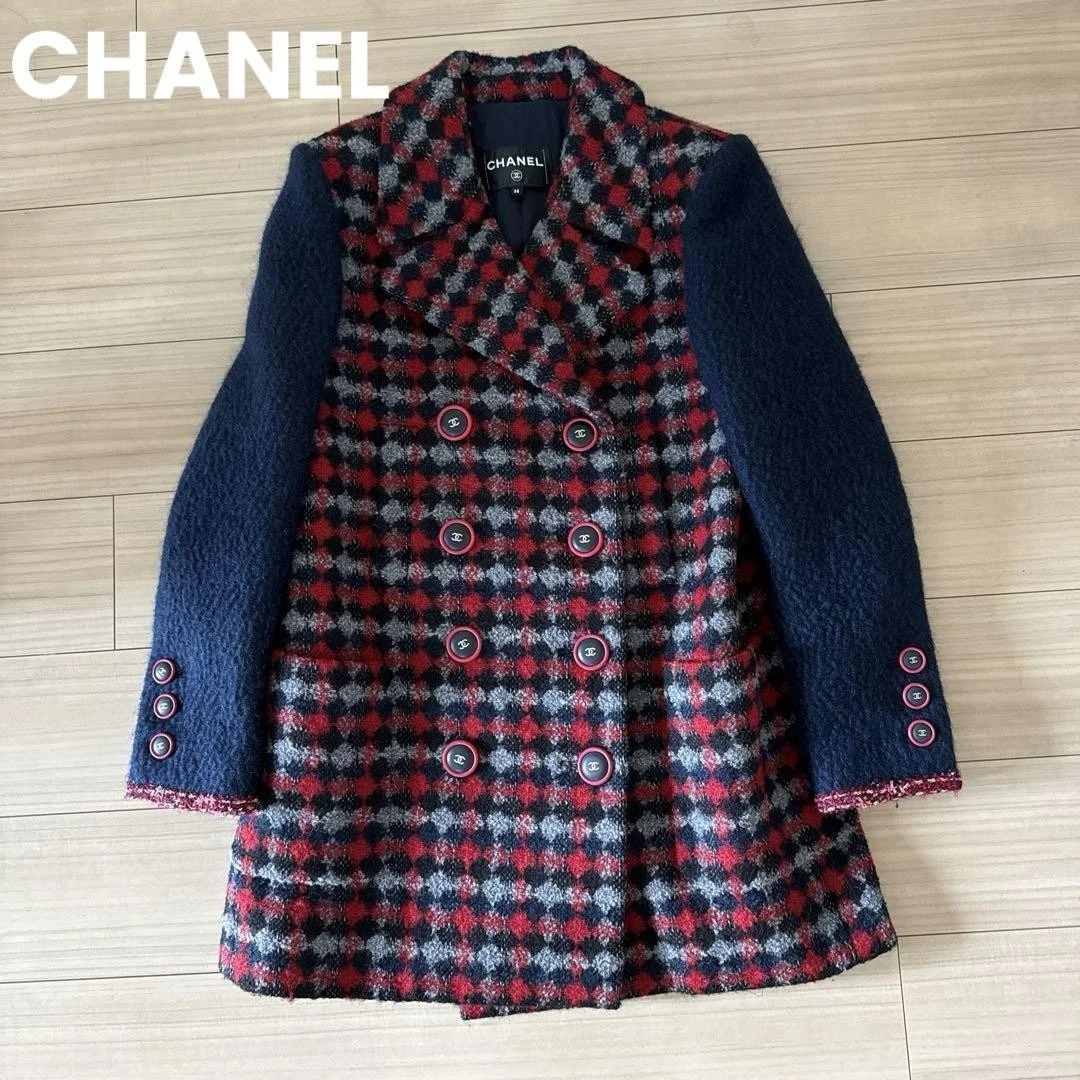 Cappotto doppiopetto Chanel quadri bottoni cocco blu navy 38