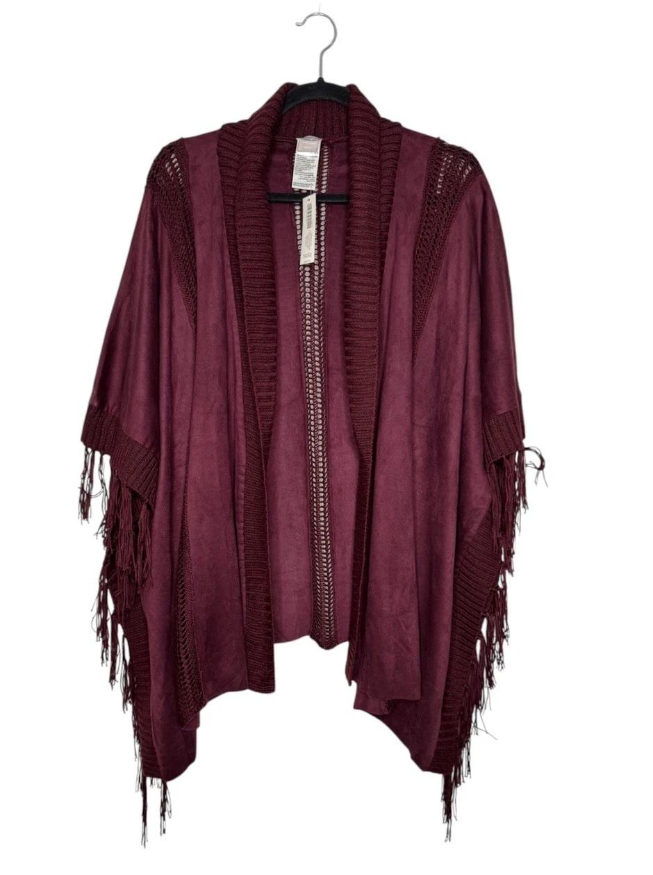 Chicos women's one size open fringe velvet burgundy midi poncho boho western