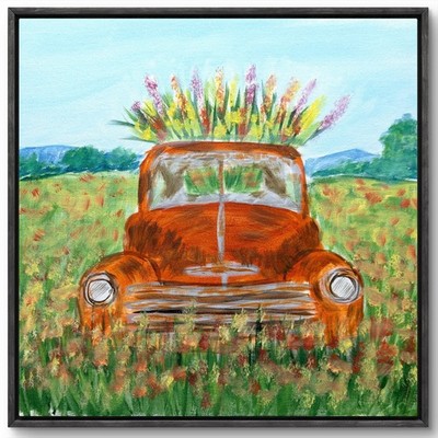 Original Hand Painted 14x14 Canvas Rusty Truck Acrylic Flowers Impressionist Art