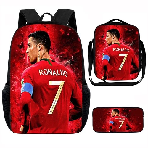 Kids Football Star 3D School Backpack Insulated Lunch Bag Pencil Case Set Gift