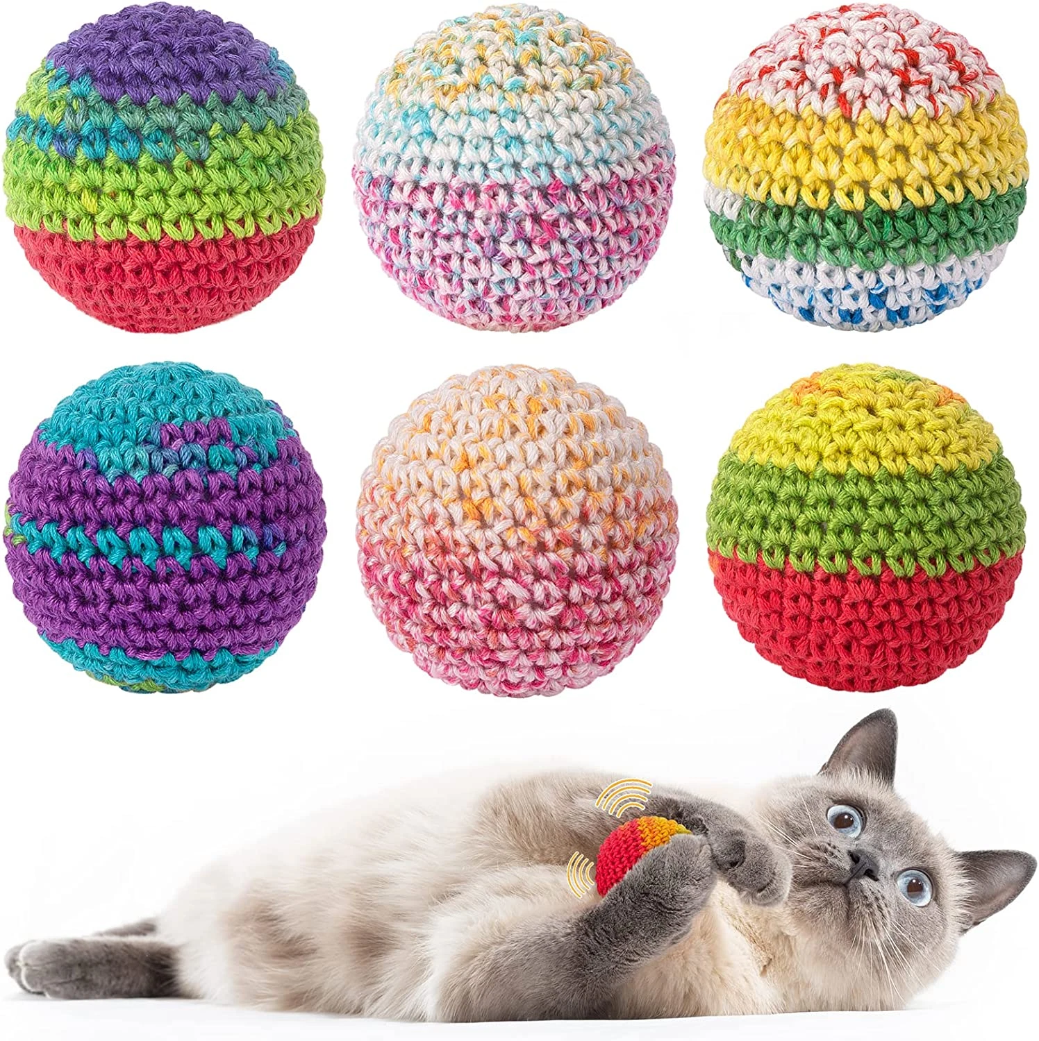 6 Pack Cat Toys Balls with Bell Inside, Handmade Crochet Soft Woolen Yarn Intera