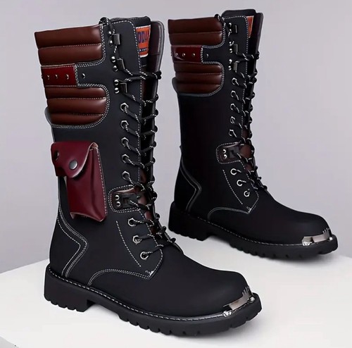 Mens Military Motorcycle Mid Calf Boots Riding Punk Lace Up Combat Boots Sz 10.5 - Picture 9 of 9