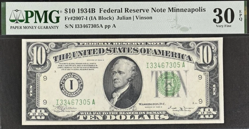1934B $10 FRN Minneapolis PMG 30EPQ - Rare Vinson Signature - Fr 2007-I - Image 2 of 3
