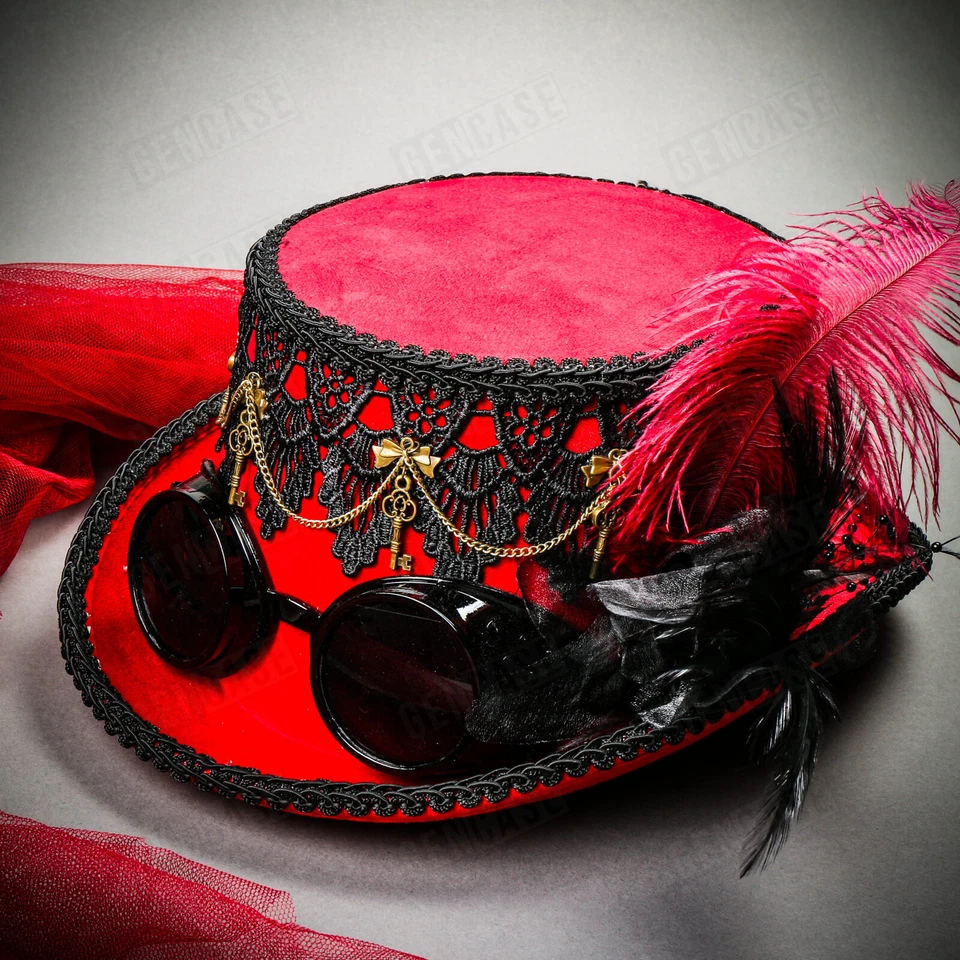 Sombrero de copa ROJO Steampunk Burning Man para mujer con gafas y encaje para la cabeza de fiesta Foto 3 de 4