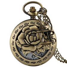 Classical Rose Flower Cover Hollow Quartz Analog Pocket Watch Sweater Necklace