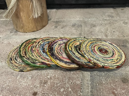 Handcrafted Recycled Coiled Paper Eco Friendly Set Of 6 Folk Art Coasters - Picture 6 of 9