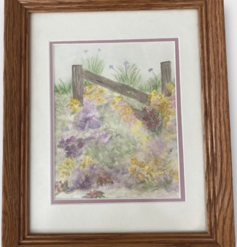 Kunst Aquarell Gemälde Holz gerahmt signiert Wildblumen Holz Zaun Landschaft
